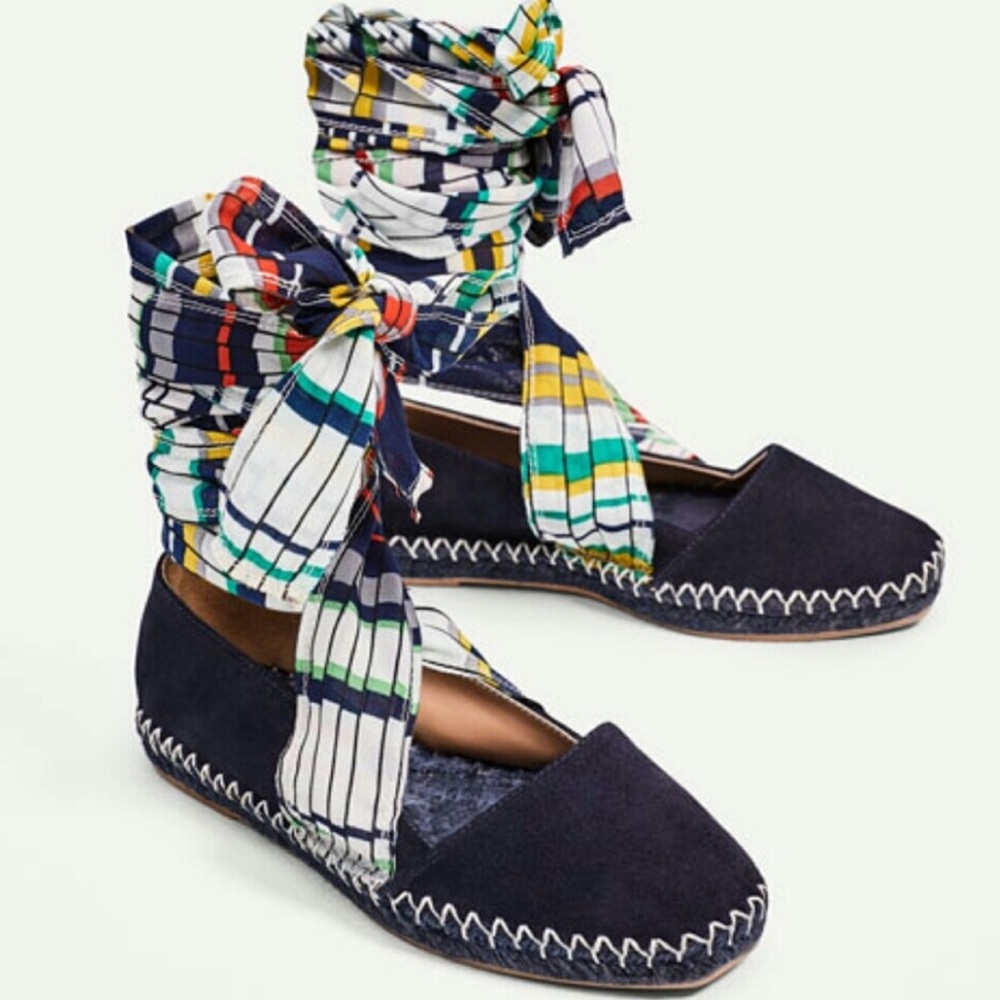 Zara Navy Espadrille Flats with Striped Multicolor Ankle Wraps